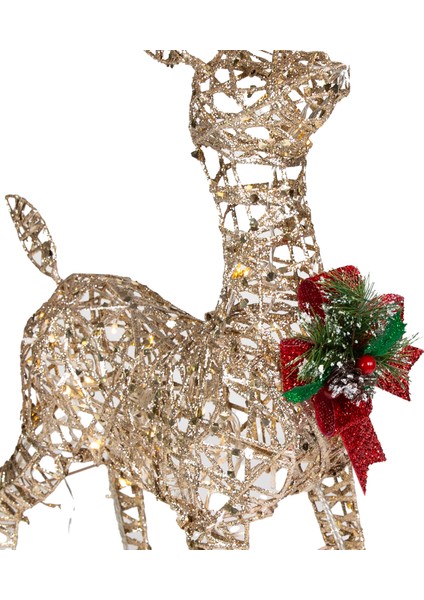 Yılbaşı Süsü, Geyik, Şampanya - Metal, Işıklı, Simli, Kırmızı Fiyonkl fiyatları