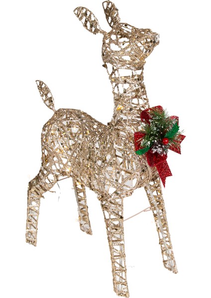 Yılbaşı Süsü, Geyik, Şampanya - Metal, Işıklı, Simli, Kırmızı Fiyonkl modelleri