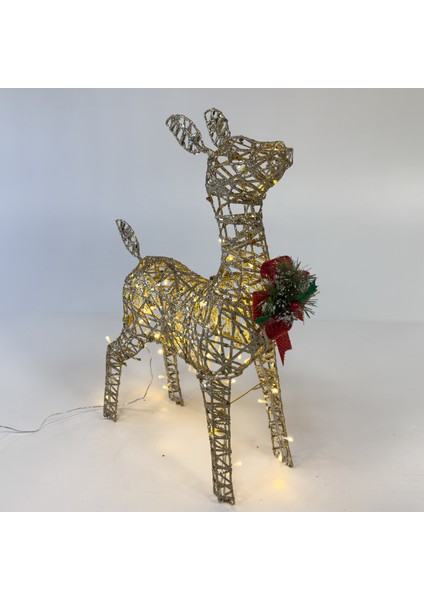 Yılbaşı Süsü, Geyik, Şampanya - Metal, Işıklı, Simli, Kırmızı Fiyonkl fırsatları