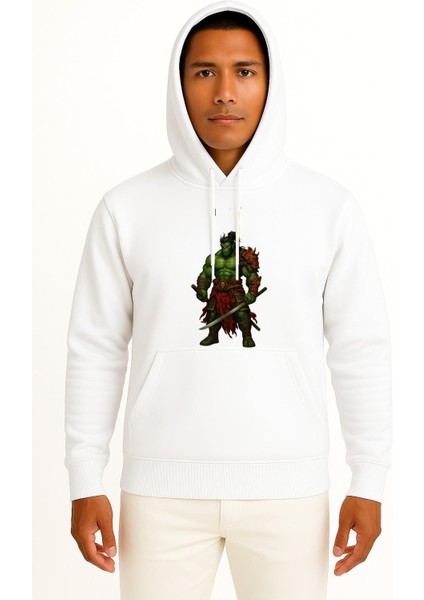 Kapüşonlu Hulk Samurai Kılıç Göğüs Baskılı Unisex Sweatshirt