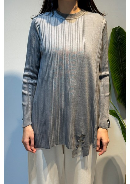 Aksesuar Detaylı Fitilli Triko Tunik 35041 Gri fiyatları