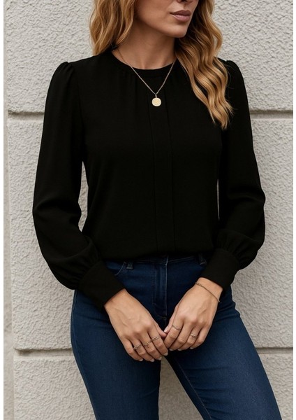 Kadın Uzun Kollu Bisiklet Yaka Pileli Ithal Krep Bluz fiyatları