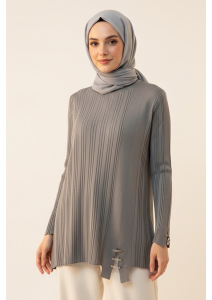 Aksesuar Detaylı Fitilli Triko Tunik 35041 Gri indirimleri