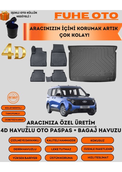 Ford Courier 2024 Sonrası 4d Bagaj Havuzu+4d Araca Özel Paspas Takımı Luxury Serisi Üstün Koruma - Tam Uyumlu