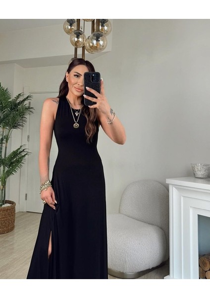 Kadın Arkadan Çapraz Detay Yuvarlak Yaka Maksi Viskon Elbise