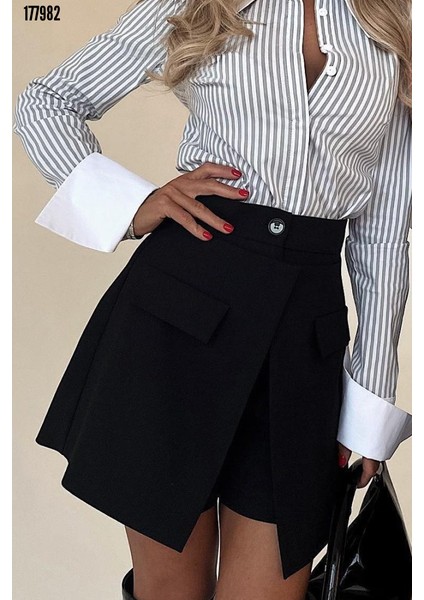 Yüksel Bel Düğmeli Asimetrik Cepli Büyük Beden Krep Şort Etek 177982 fiyatları