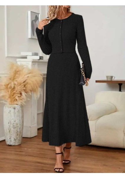 Kadın Uzun Kollu Önden Düğmeli Bluz ve Yüksek Bel A Kesim Uzun Etek Şardonlu Kaşkorse Ikili Takım modelleri