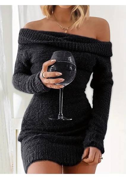 Kadın Uzun Kollu Omuzlardan Açık Kısa Şardonlu Triko Elbise