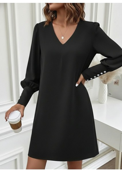 Kadın Uzun Kollu V Yakalı Kısa Ithal Krep Elbise