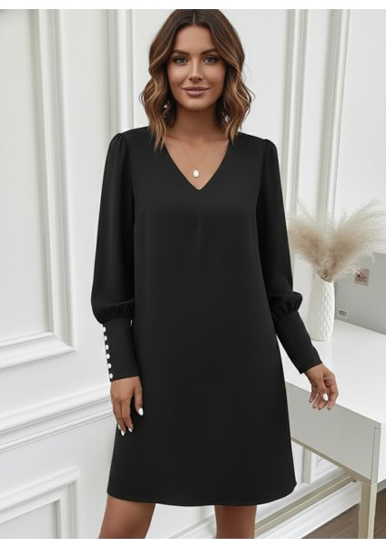 Kadın Uzun Kollu V Yakalı Kısa Ithal Krep Elbise