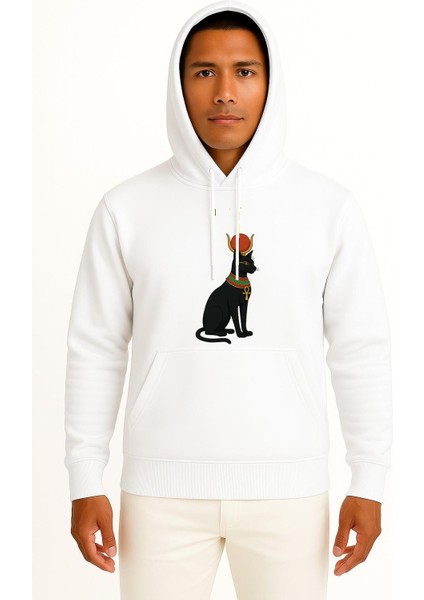 Kapüşonlu Antik Mısır Kedisi Göğüs Baskılı Unisex Sweatshirt