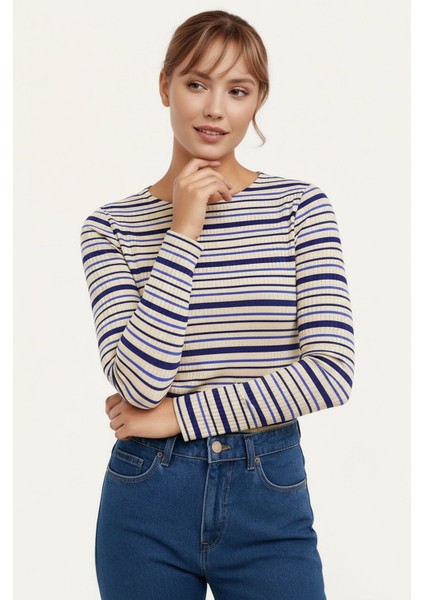 Kadın Bisiklet Yaka Full Esnek Çizgili Comfort Spor Şık Tasarım Yumoş Bluz