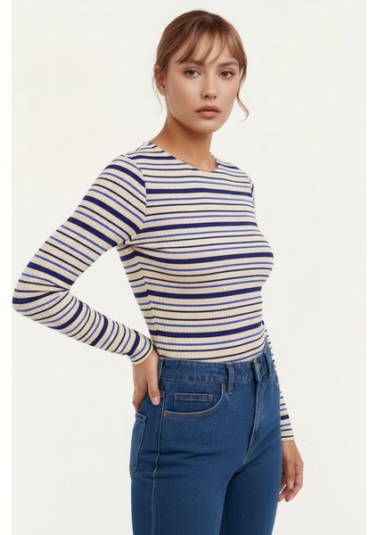 Kadın Bisiklet Yaka Full Esnek Çizgili Comfort Spor Şık Tasarım Yumoş Bluz fiyatları