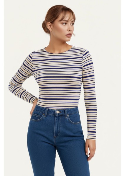 Kadın Bisiklet Yaka Full Esnek Çizgili Comfort Spor Şık Tasarım Yumoş Bluz modelleri