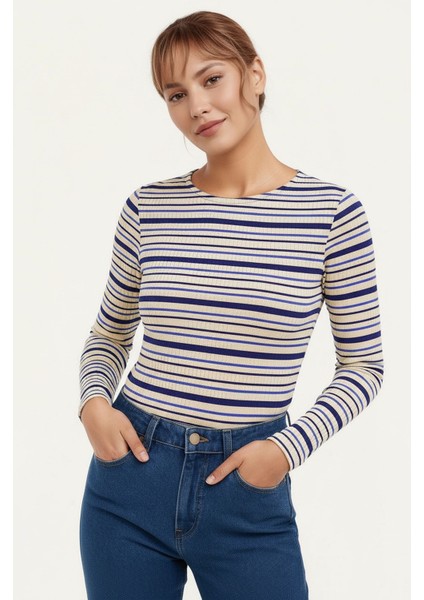 Kadın Bisiklet Yaka Full Esnek Çizgili Comfort Spor Şık Tasarım Yumoş Bluz fırsatları