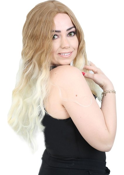 Su Dalgası Uzun Perçemsiz Fiber Sentetik Peruk / Balköpüğü / Platin Orta Ombreli fiyatları