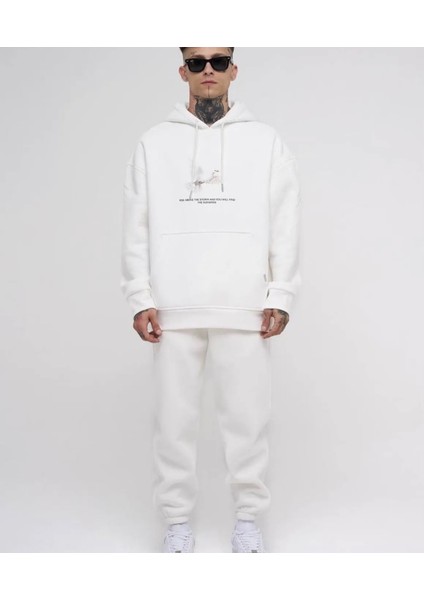 Punıx Büyük Beden Özel Seri Beyaz Güvercin Baskılı Kapüşonlu %100 Pamuk Kışlık Erkek Eşofman Takımı