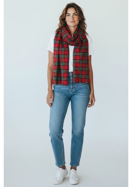 Kırmızı Kare Desenli Şal Atkı