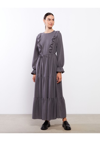 Yeni Sezon Bisiklet Yaka Düz Uzun Kollu Elbise