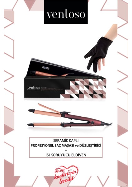 Profesyonel Seramik Kaplı Saç Düzleştirici ve Maşa ile Isıya Dayanıklı Eldiven