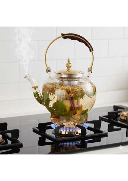 Ahşap Saplı Isıya Dayanıklı Borosilikat Amber Cam Demlik – 1200 ml Süzgeçli Cam Demlik Oval