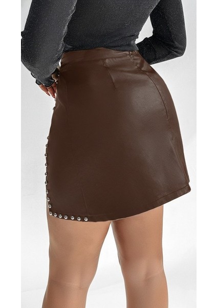Kadın Yüksek Belli Yandan Çivili Mini Deri Etek modelleri