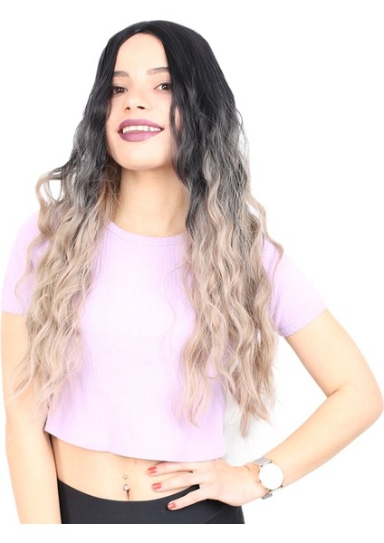 Su Dalgası Uzun Perçemsiz Fiber Sentetik Peruk / Siyah / Küllü Bebek Sarı Ombreli