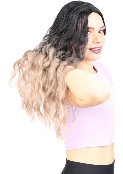 Su Dalgası Uzun Perçemsiz Fiber Sentetik Peruk / Siyah / Küllü Bebek Sarı Ombreli fiyatları