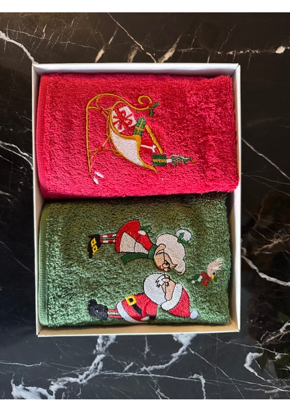 2'li Kutulu Yılbaşı Nakışlı Hediyelik Havlu 30X50