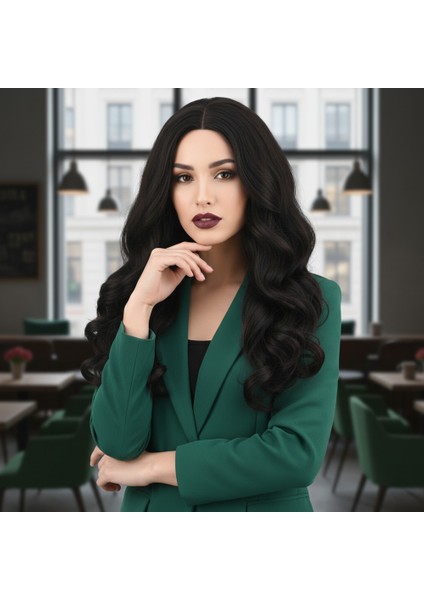 Dalgalı Perçemsiz Uzun Fiber Sentetik Peruk / Kestane