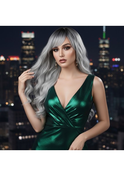 Perçemli Uzun Su Dalgası Fiber Sentetik Peruk / Siyah / Açık Gri Ombreli