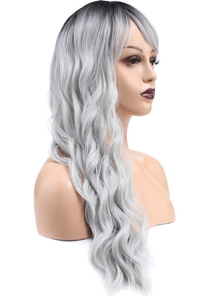Perçemli Uzun Su Dalgası Fiber Sentetik Peruk / Siyah / Açık Gri Ombreli modelleri
