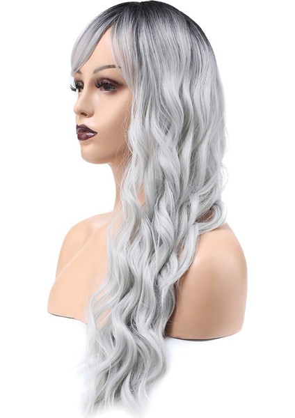 Perçemli Uzun Su Dalgası Fiber Sentetik Peruk / Siyah / Açık Gri Ombreli fırsatları