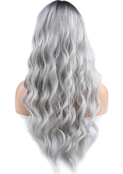 Perçemli Uzun Su Dalgası Fiber Sentetik Peruk / Siyah / Açık Gri Ombreli indirimleri