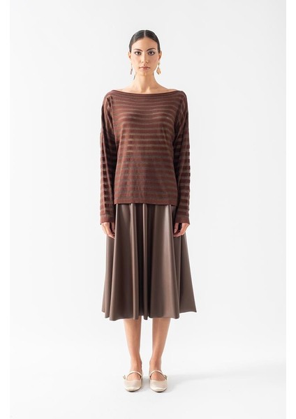 Donelio Kayık Yaka Transparan Çizgili Triko Kahve