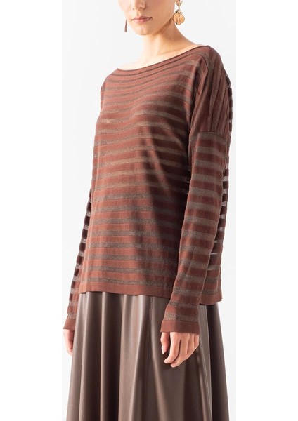 Donelio Kayık Yaka Transparan Çizgili Triko Kahve fiyatları