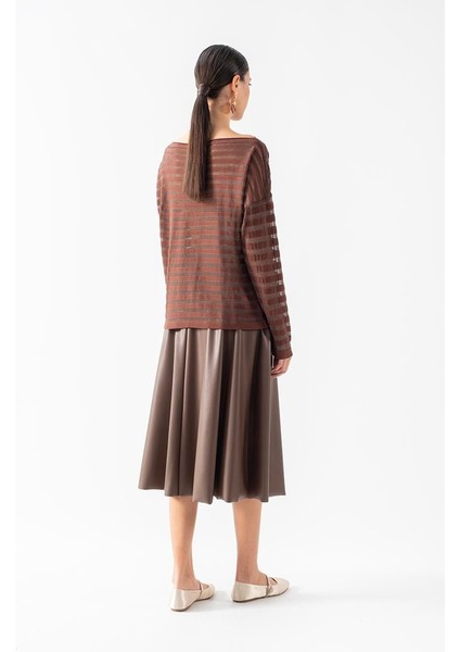 Donelio Kayık Yaka Transparan Çizgili Triko Kahve modelleri