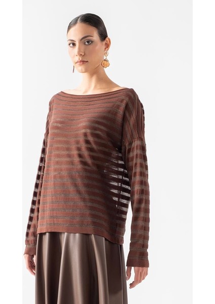 Donelio Kayık Yaka Transparan Çizgili Triko Kahve fırsatları
