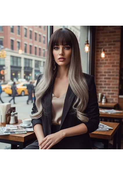 Doğal Dalgalı Perçemli Fiber Sentetik Uzun Boy Peruk / Koyu Kumral / Rus Kumralı Ombreli