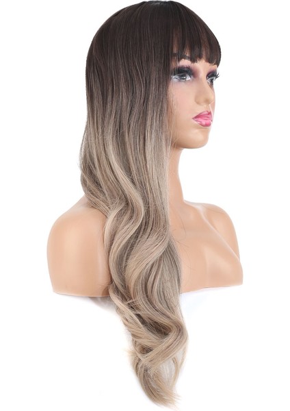 Doğal Dalgalı Perçemli Fiber Sentetik Uzun Boy Peruk / Koyu Kumral / Rus Kumralı Ombreli modelleri