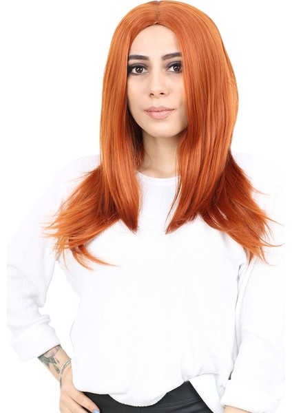 Kahkülsüz Fiber Sentetik Orta Boy Düz Peruk / Bakır