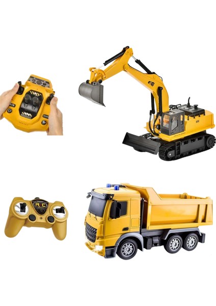 Oyuncak Uzaktan Konsol Kumandalı Ekskavatör Kepçe ve Kasası Kalkıp Inen Hafriyat Kamyonu 2'li Set fiyatları