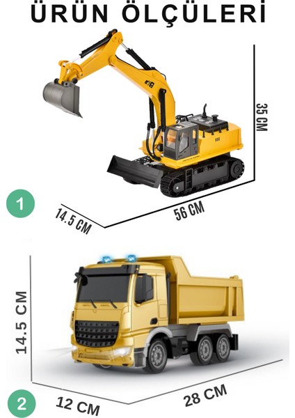 Oyuncak Uzaktan Konsol Kumandalı Ekskavatör Kepçe ve Kasası Kalkıp Inen Hafriyat Kamyonu 2'li Set modelleri