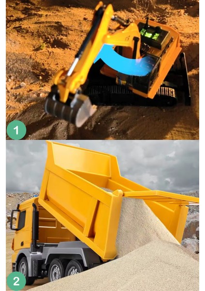 Oyuncak Uzaktan Konsol Kumandalı Ekskavatör Kepçe ve Kasası Kalkıp Inen Hafriyat Kamyonu 2'li Set