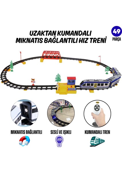 Oyuncak Pilli Uzaktan Kumandalı 49 Parça Manyetik Tren Seti Vagonlar Mıknatıs Ile Bağlanır Sesli ve Işıklı 264 cm Ray Uzunluğu