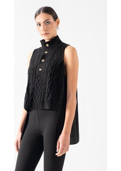 Dionigia Dik Yaka Yarım Pat Düğmeli Ön Örme Arka Nubuk Triko Lacivert