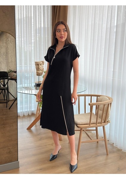 Kadın Kısa Kollu Yakadan ve Etekten Fermuarlı Midi Viskon Iki Iplik Elbise fiyatları