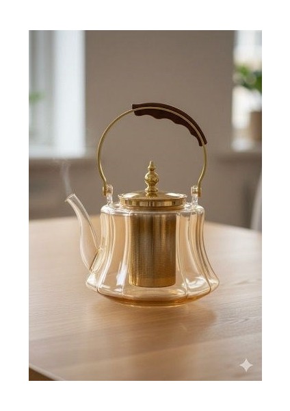 Ahşap Saplı Isıya Dayanıklı Borosilikat Amber Cam Demlik – 1200 ml Süzgeçli Cam Demlik