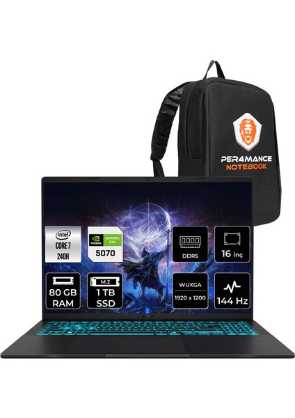 V16 Intel Core 7 240H 80GB 1tb SSD RTX5070/8GB 16" Fhd+ 144Hz Fdos Taşınabilir Bilgisayar & Per4 Çanta V3607VPRP054WP338