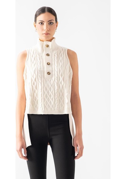 Dionigia Dik Yaka Yarım Pat Düğmeli Ön Örme Arka Nubuk Triko Taş